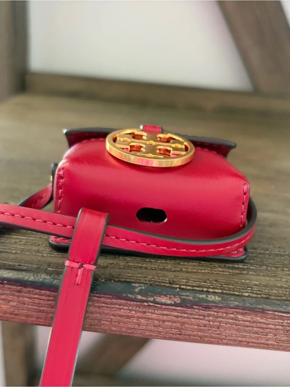 Tory Burch Small Red Leather Apple OG AirPods case with magnetic  Gold Logo